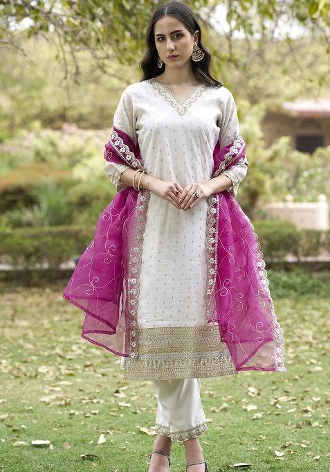 Pink Motif Silk Kurta Set