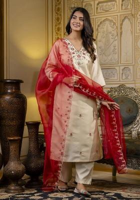 Beige Embroidered Silk Blend Straight Kurta Set
