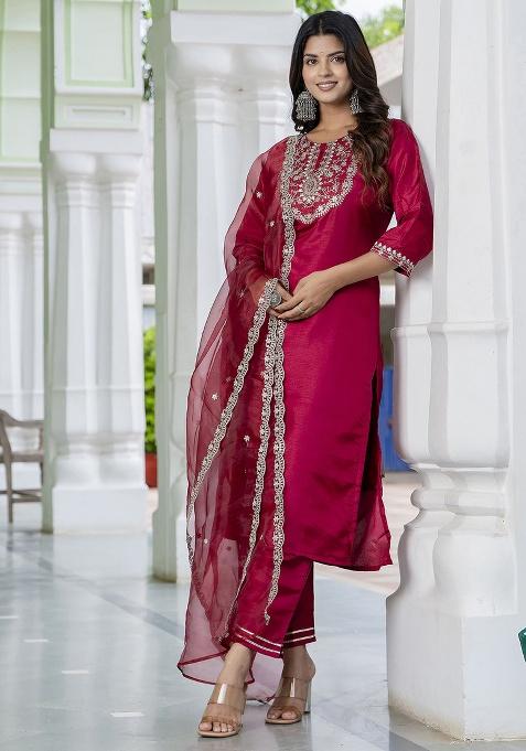 Pink Motif Silk Kurta Set