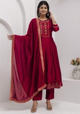 Red Embroidered Silk Blend Anarkali Set