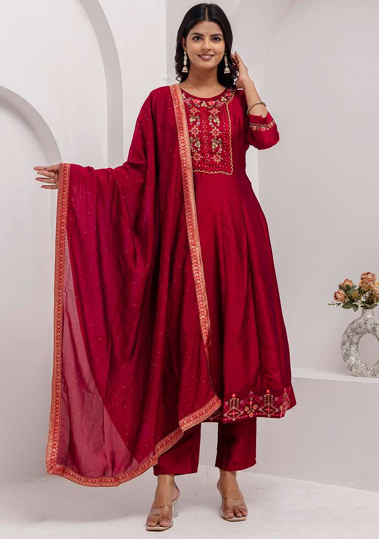 Red Embroidered Silk Blend Anarkali Set - Indya