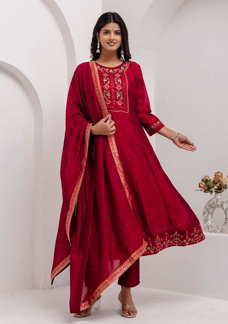 Red Embroidered Silk Blend Anarkali Set - Indya