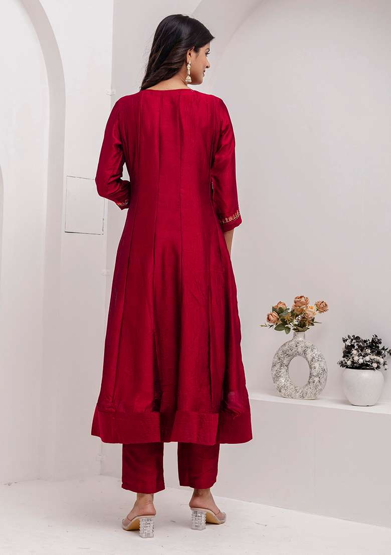 Red Embroidered Silk Blend Anarkali Set - Indya