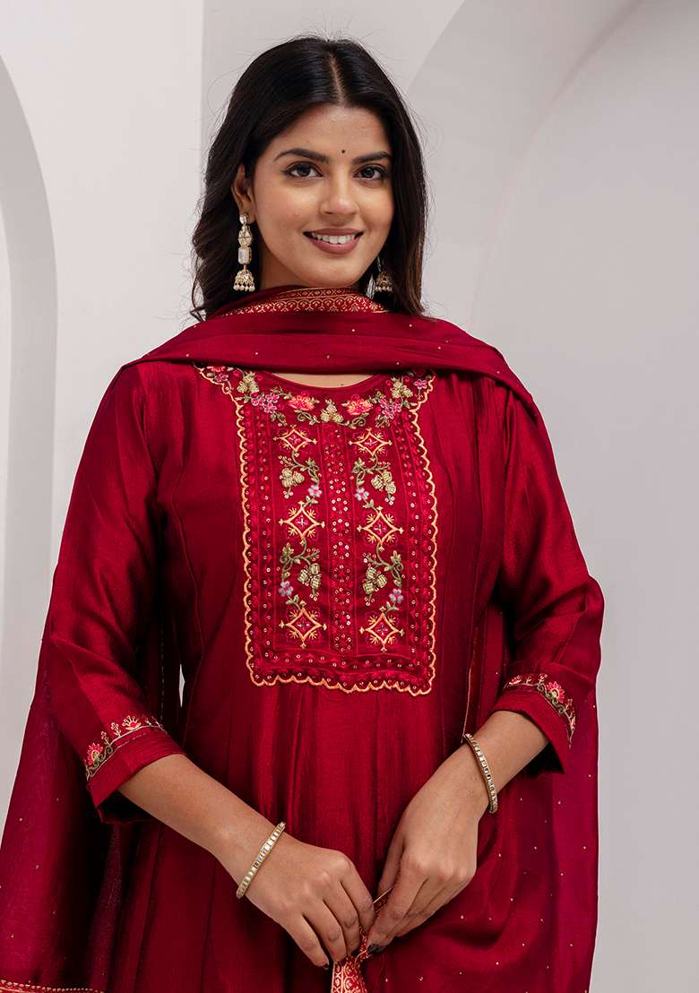 Red Embroidered Silk Blend Anarkali Set - Indya