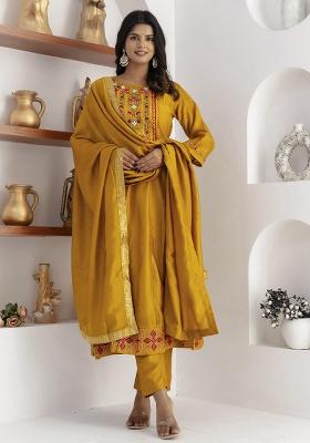 Yellow Embroidered Silk Blend Straight Kurta Set