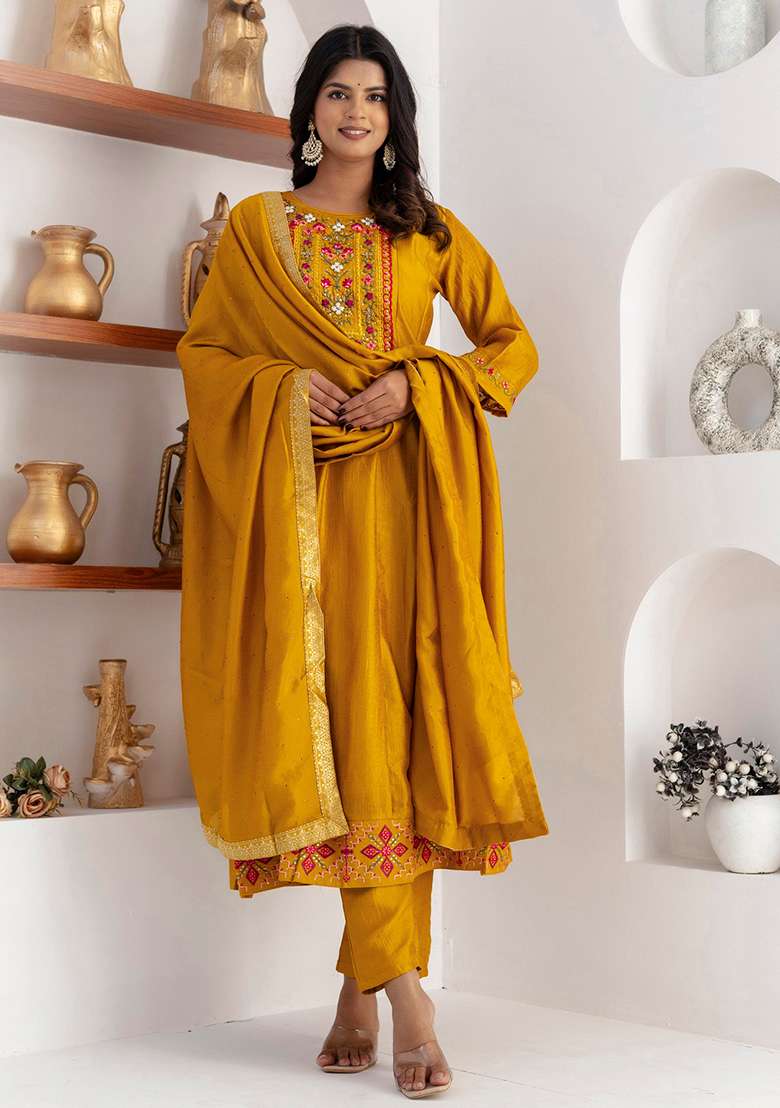 Yellow Embroidered Silk Blend Straight Kurta Set - Indya