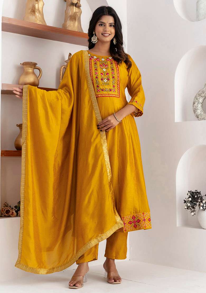 Yellow Embroidered Silk Blend Straight Kurta Set - Indya