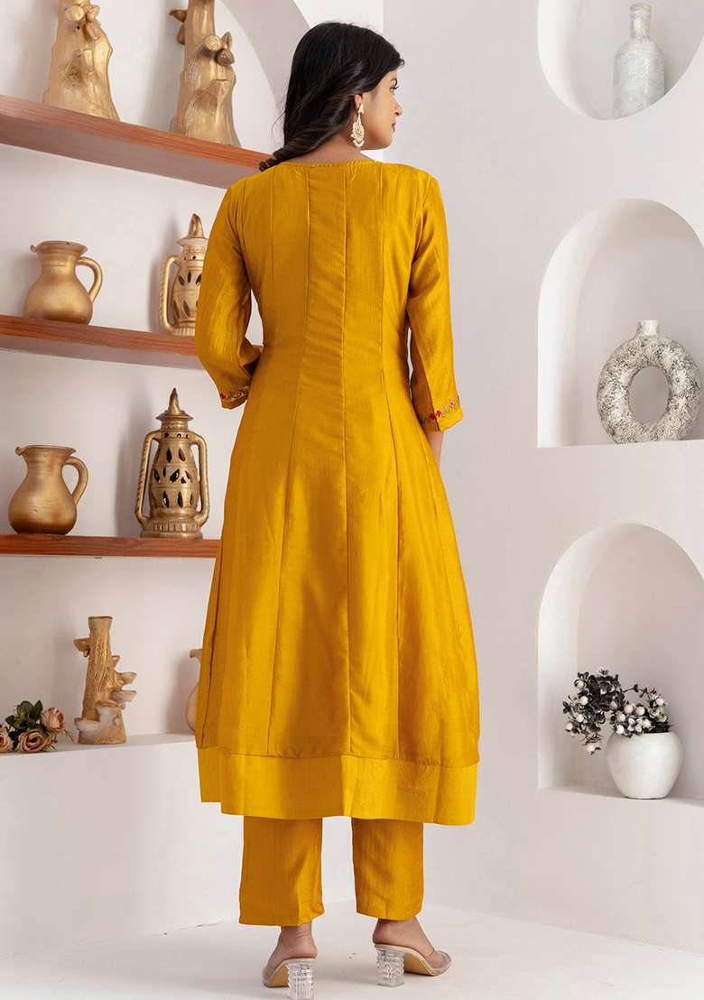 Yellow Embroidered Silk Blend Straight Kurta Set - Indya