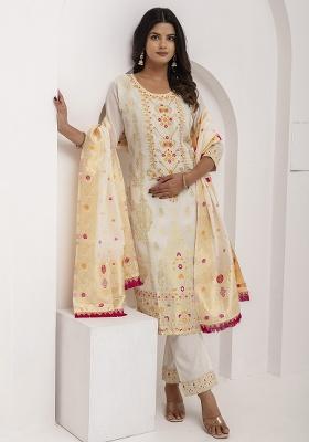 White Printed Silk Blend Straight Kurta Set