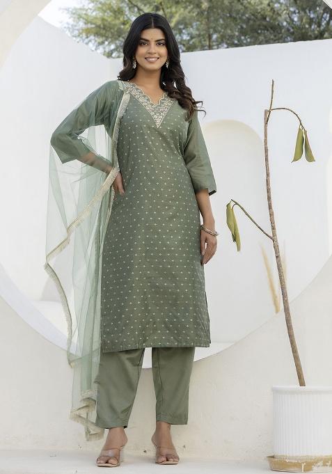 Mehendi Motif Silk Kurta Set
