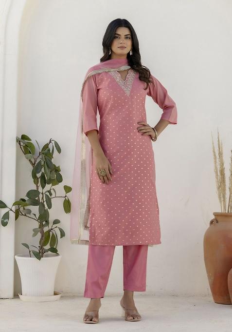 Pink Motif Silk Kurta Set