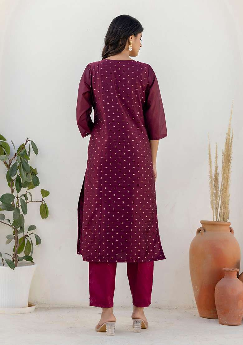 Purple Embroidered Silk Blend Straight Kurta Set - Indya