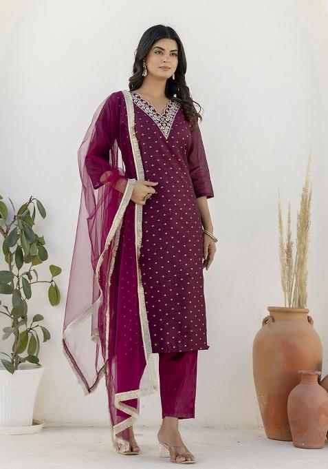 Purple Motif Silk Kurta Set