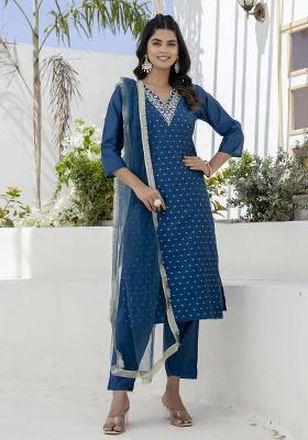 Teal Printed Silk Blend Straight Kurta Set
