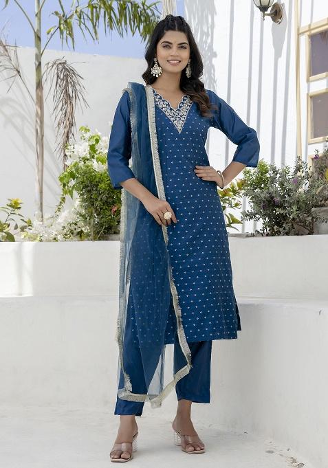 Teal Motif Silk Kurta Set