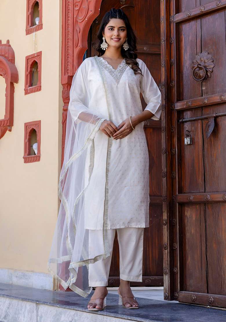 White Embroidered Silk Blend Straight Kurta Set - Indya