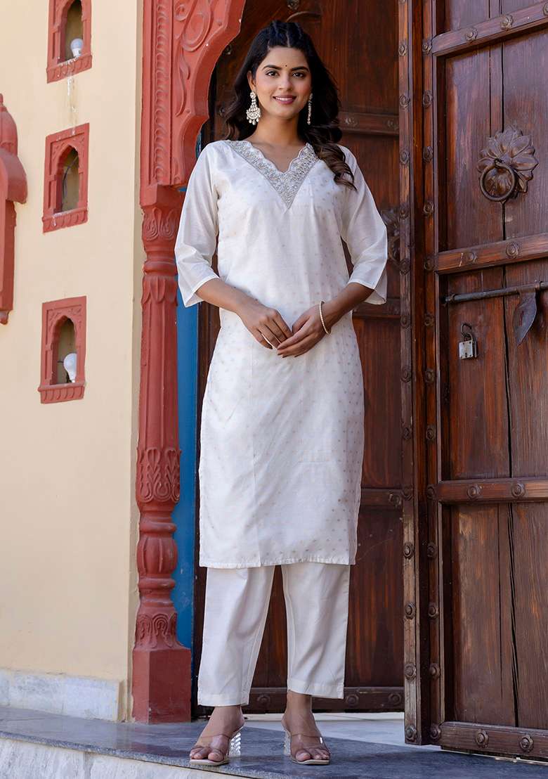 White Embroidered Silk Blend Straight Kurta Set - Indya