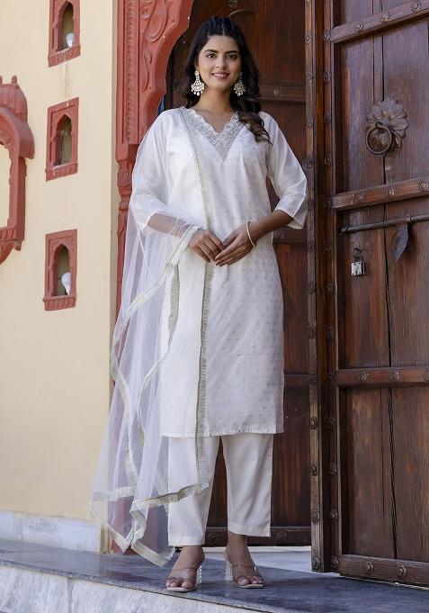 White Motif Silk Kurta Set