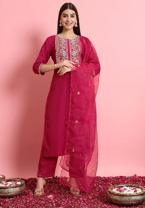 Pink Motif Silk Kurta Set