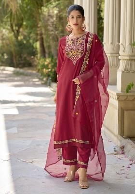 Maroon Embroidered Rayon Straight Kurta Set