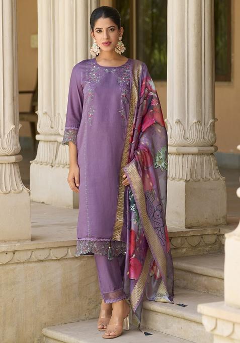 Lavender Motif Silk Kurta Set