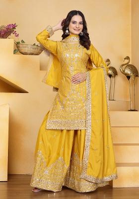 Yellow Motif Crepe Kurta Set
