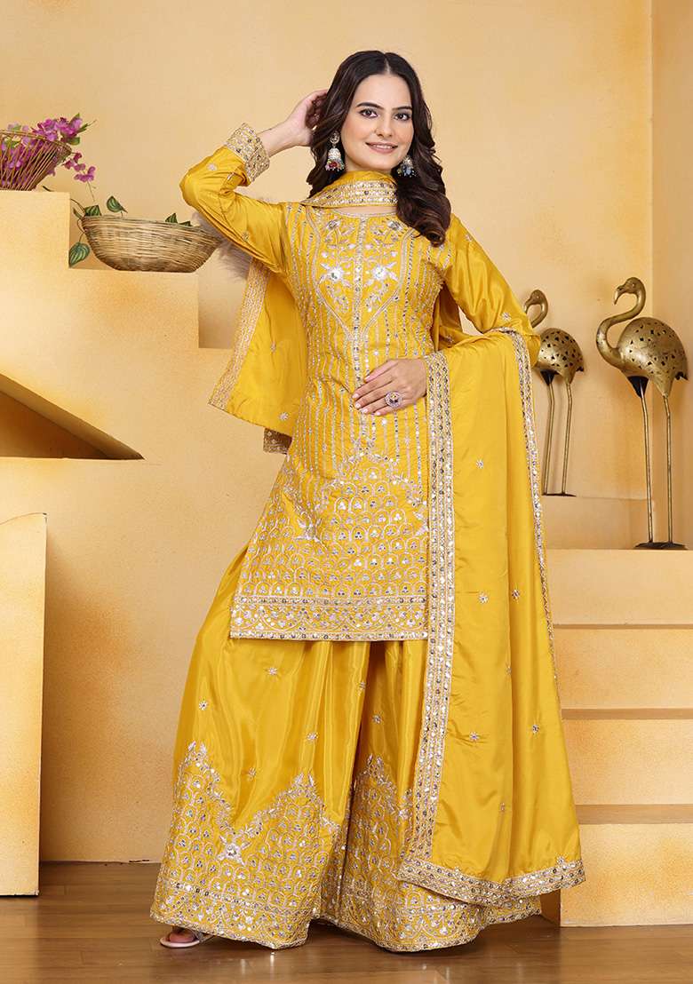 Yellow Embroidered Crepe Sharara Set - Indya