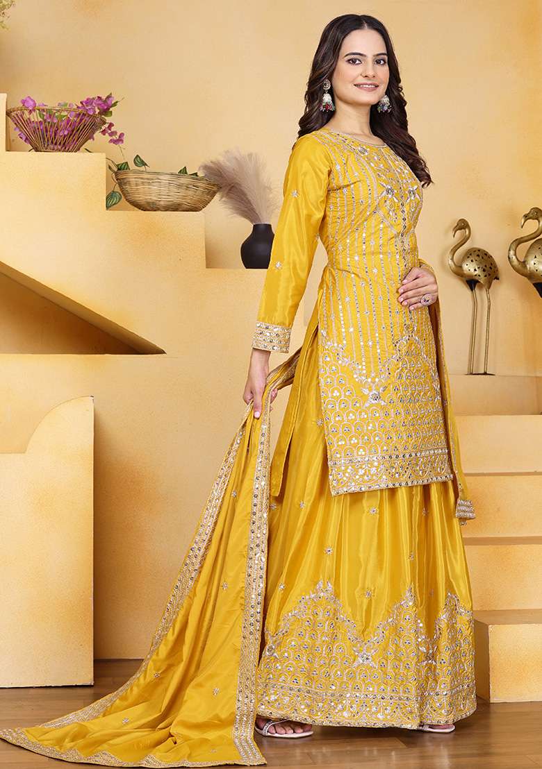 Yellow Embroidered Crepe Sharara Set - Indya