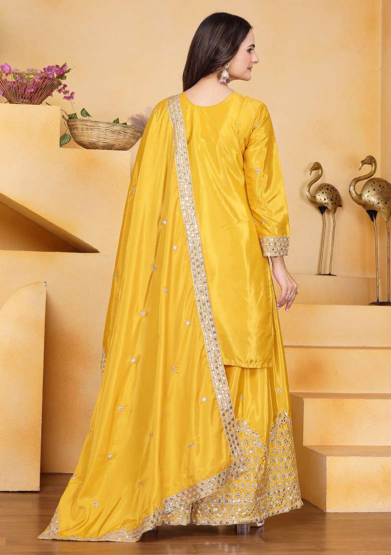 Yellow Embroidered Crepe Sharara Set - Indya