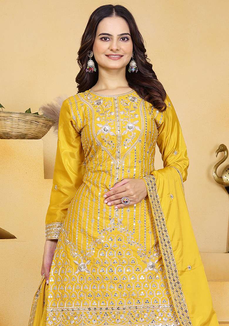 Yellow Embroidered Crepe Sharara Set - Indya