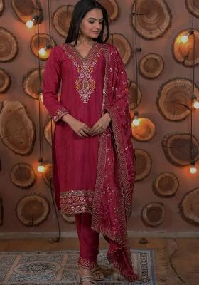 Pink Motif Chinon Kurta Set