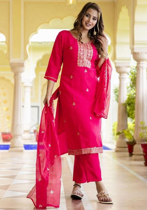 Pink Motif Silk Kurta Set