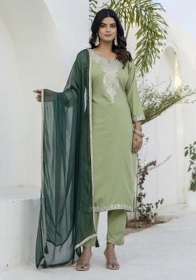 Pista Embroidered Silk Blend Straight Kurta Set