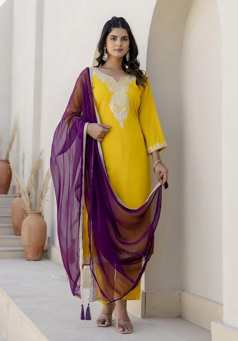 Purple Motif Silk Kurta Set