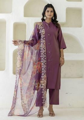 Purple Embroidered Silk Straight Kurta Set