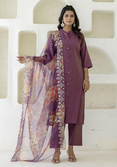 Purple Motif Silk Kurta Set