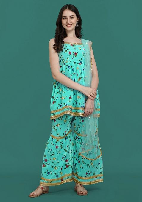 Blue Floral Print Georgette Sharara Set