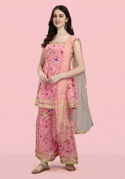 Peach Floral Print Georgette Sharara Set