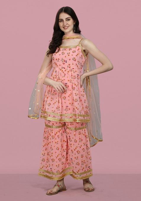 Peach Floral Print Georgette Sharara Set