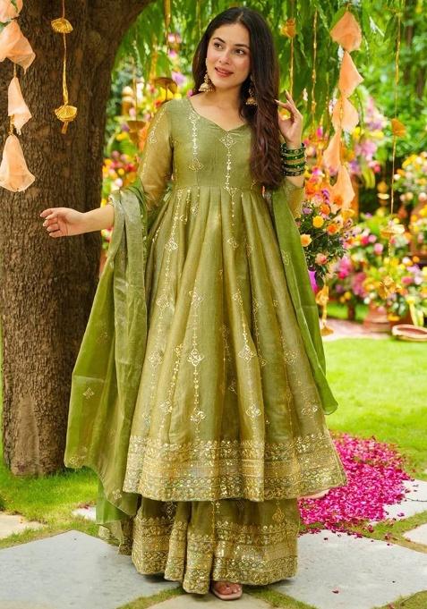 Green Motif Silk Kurta Set