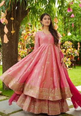 Pink Motif Silk Kurta Set