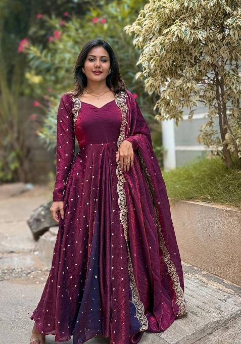 Purple Motif Silk Kurta Set