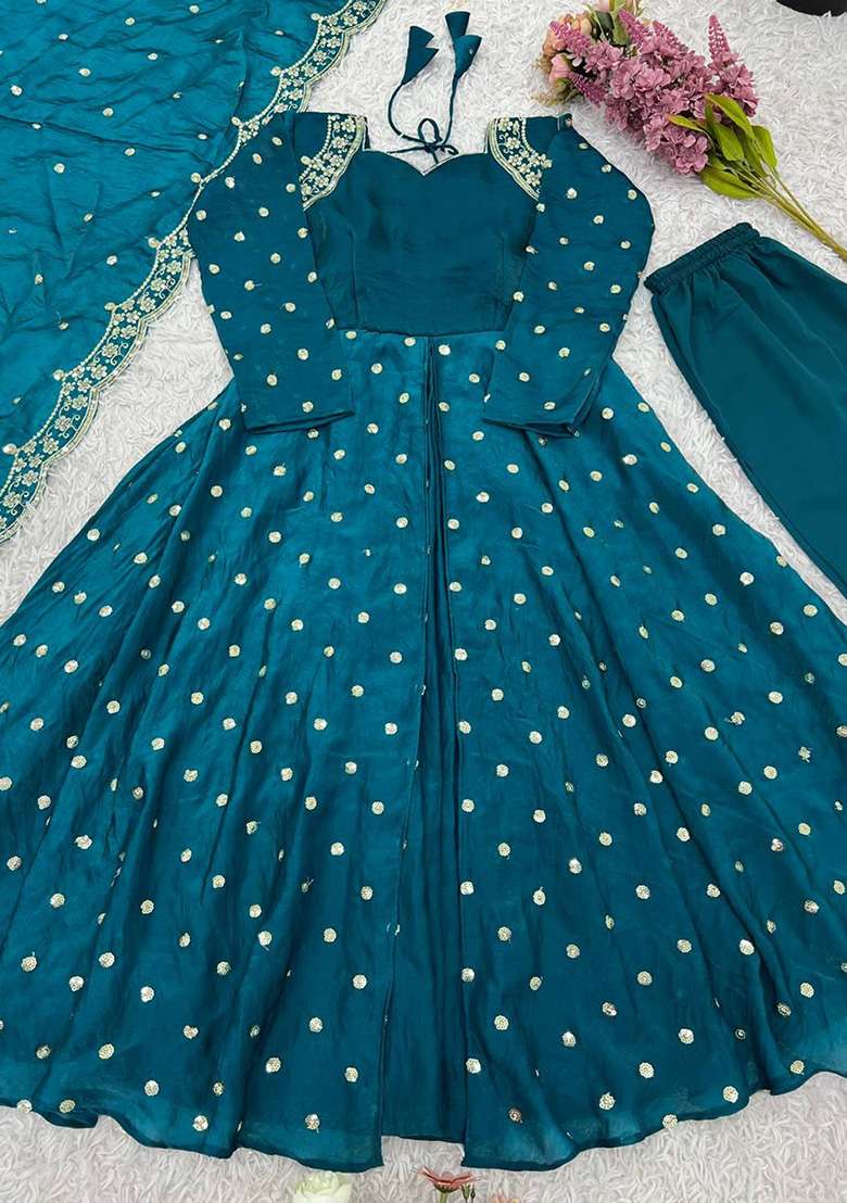 Teal Motif Silk Kurta Set - Indya
