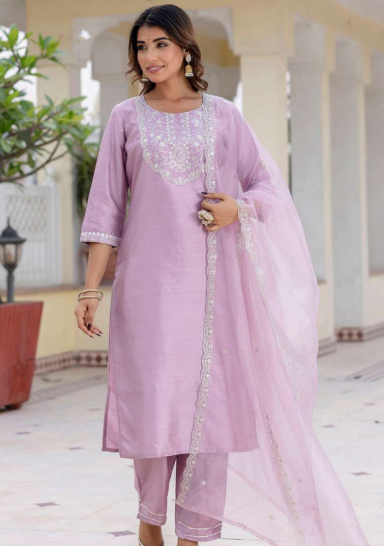 Lavender Embroidered Silk Blend Straight Kurta Set - Indya