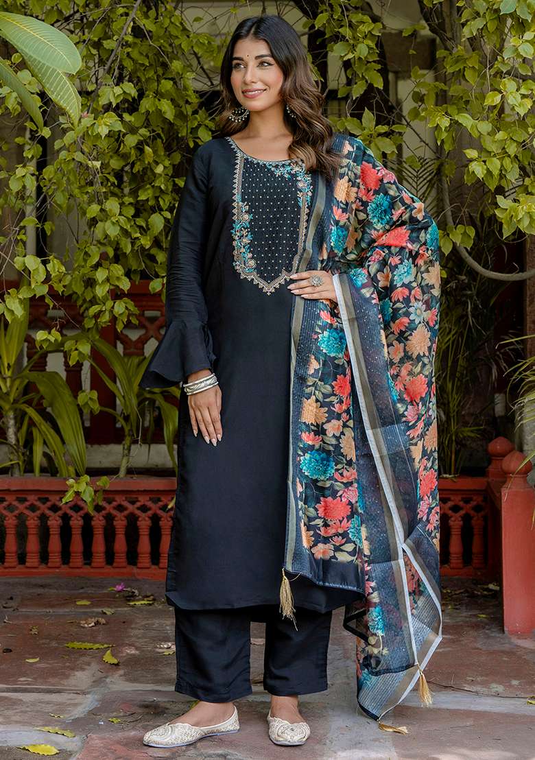 Black Embroidered Silk Blend Straight Kurta Set - Indya