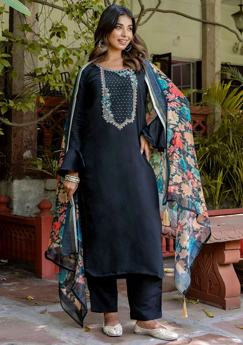 Black Embroidered Silk Blend Straight Kurta Set - Indya