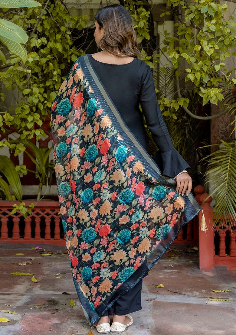 Black Embroidered Silk Blend Straight Kurta Set - Indya