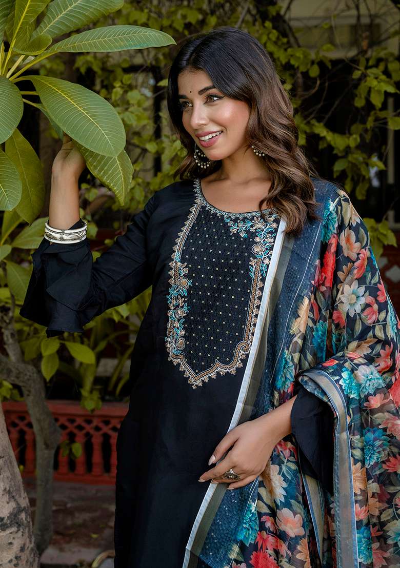 Black Embroidered Silk Blend Straight Kurta Set - Indya