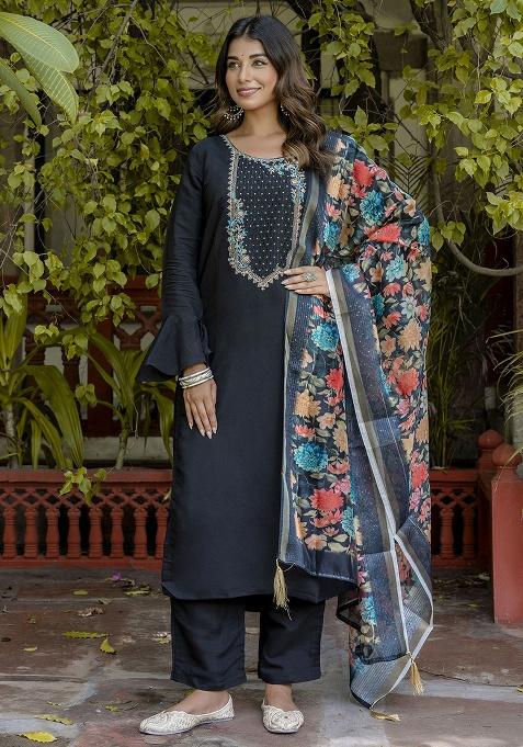 Black Embroidered Silk Straight Kurta Set