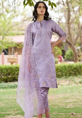 Lavender Embroidered Silk Straight Kurta Set